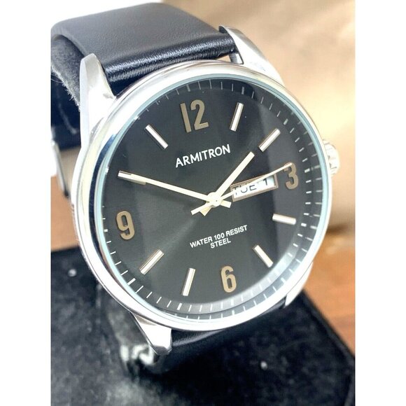 Armitron Men's Watch 20/5048SV Black Dial Day Date Quartz Leather Strap 40mm - Picture 1 of 14